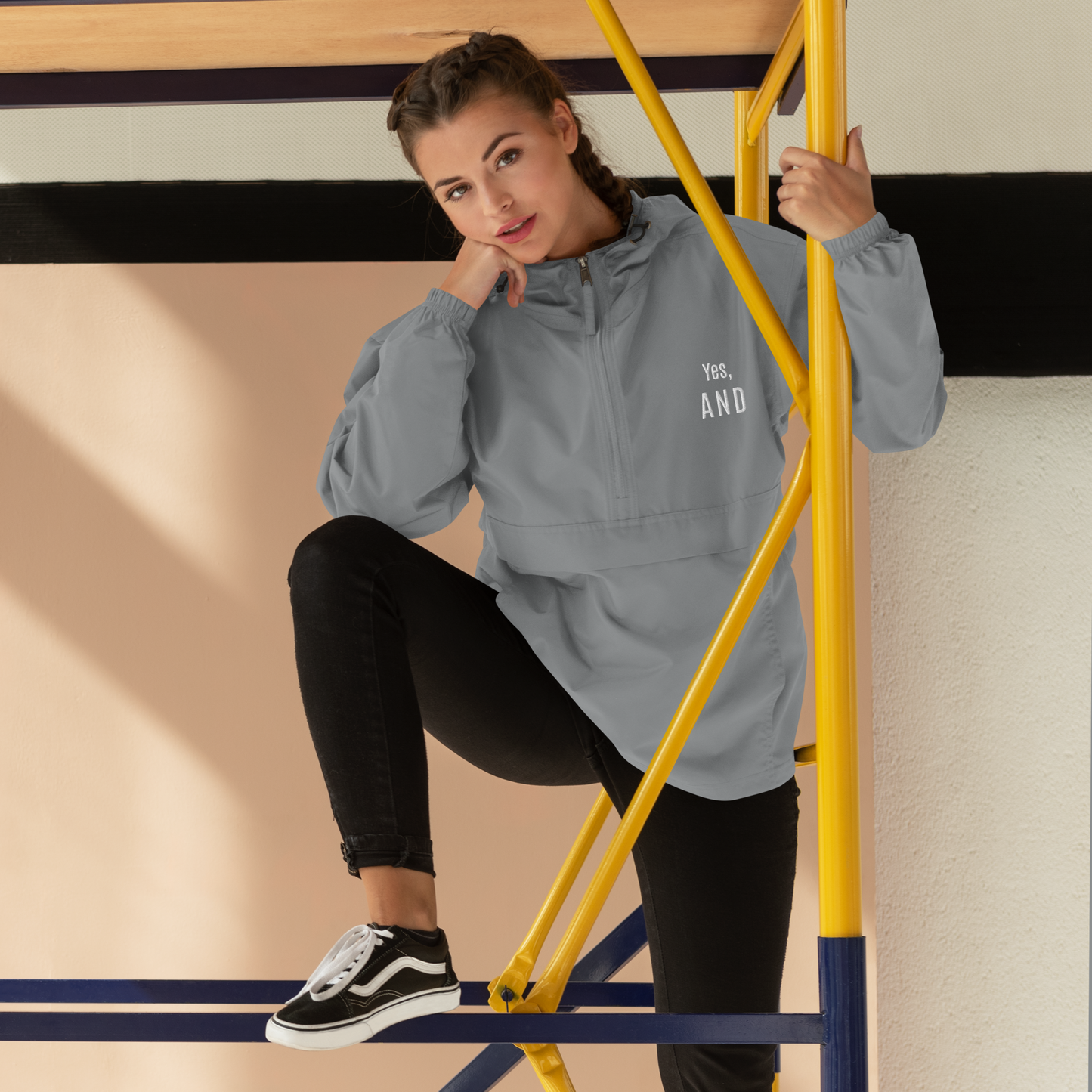 Yes, AND Embroidered Champion Packable Jacket, for improv lovers