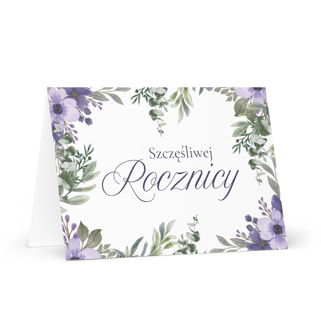 Greeting card with floral design and 'Szçóliwej Rocznicy' text on a white background