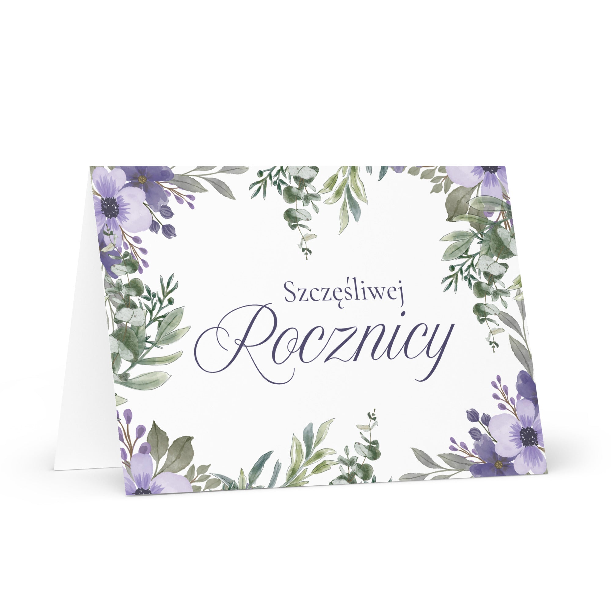 Greeting card with floral design and 'Szçóliwej Rocznicy' text on a white background