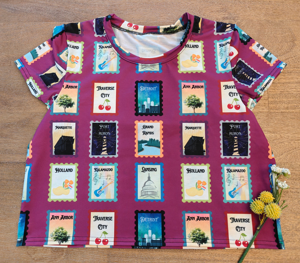 Michigan cities postage stamps Crop Tee- featuring Grand rapids, Marquette, Kalamazoo and more!