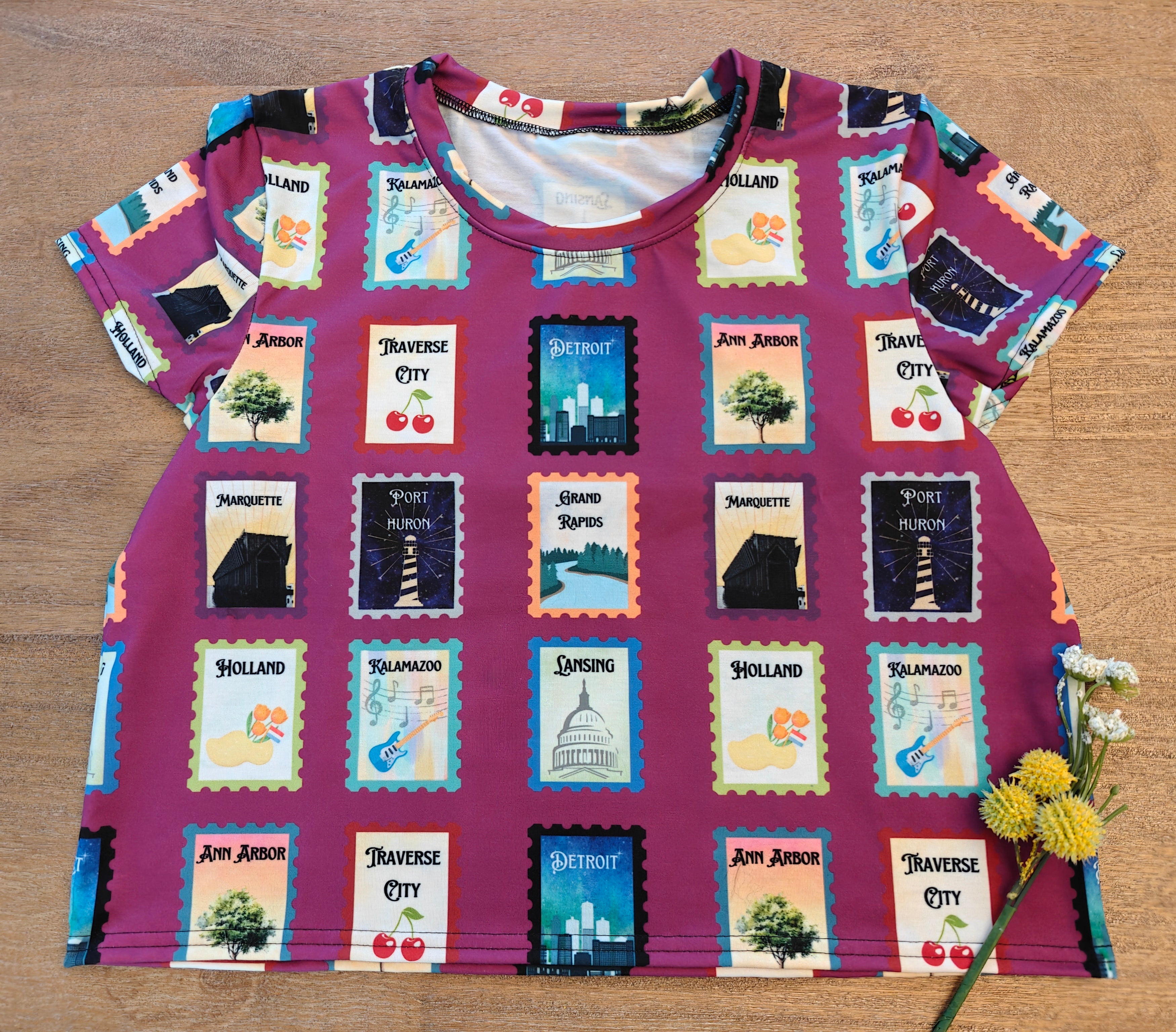 Michigan cities postage stamps Crop Tee- featuring Grand rapids, Marquette, Kalamazoo and more!