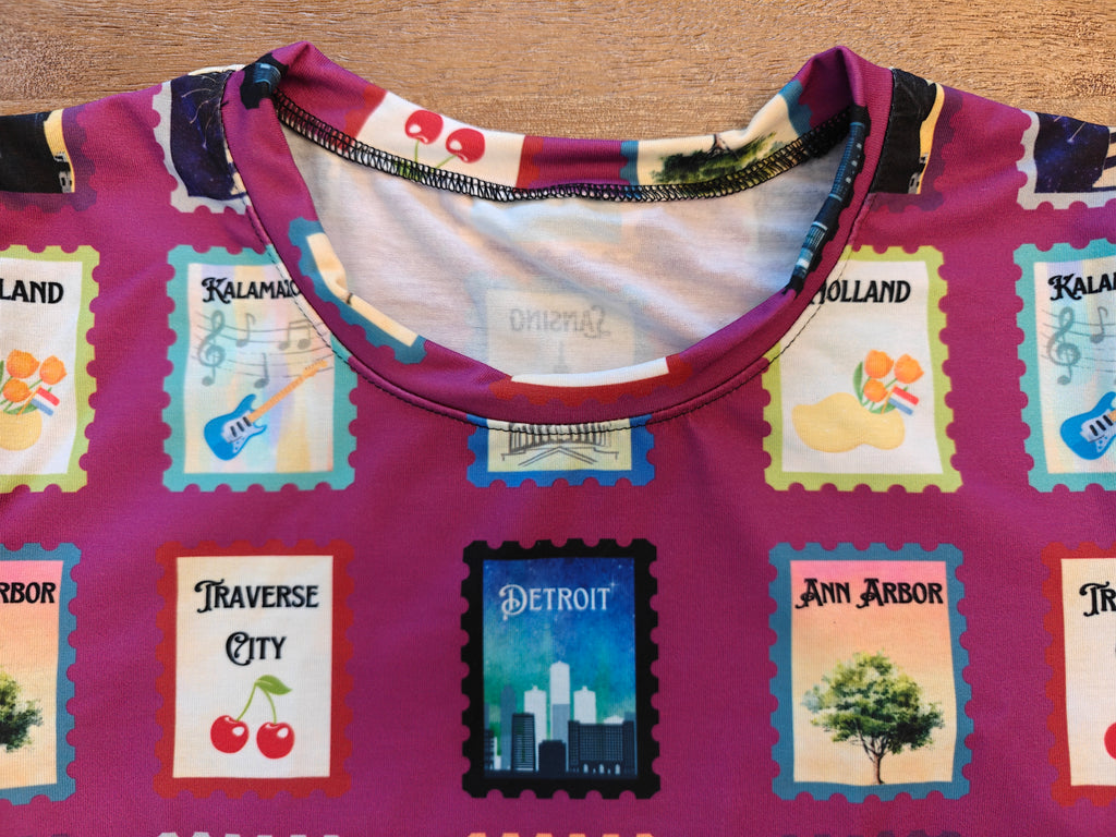 Michigan cities postage stamps Crop Tee- featuring Grand rapids, Marquette, Kalamazoo and more!