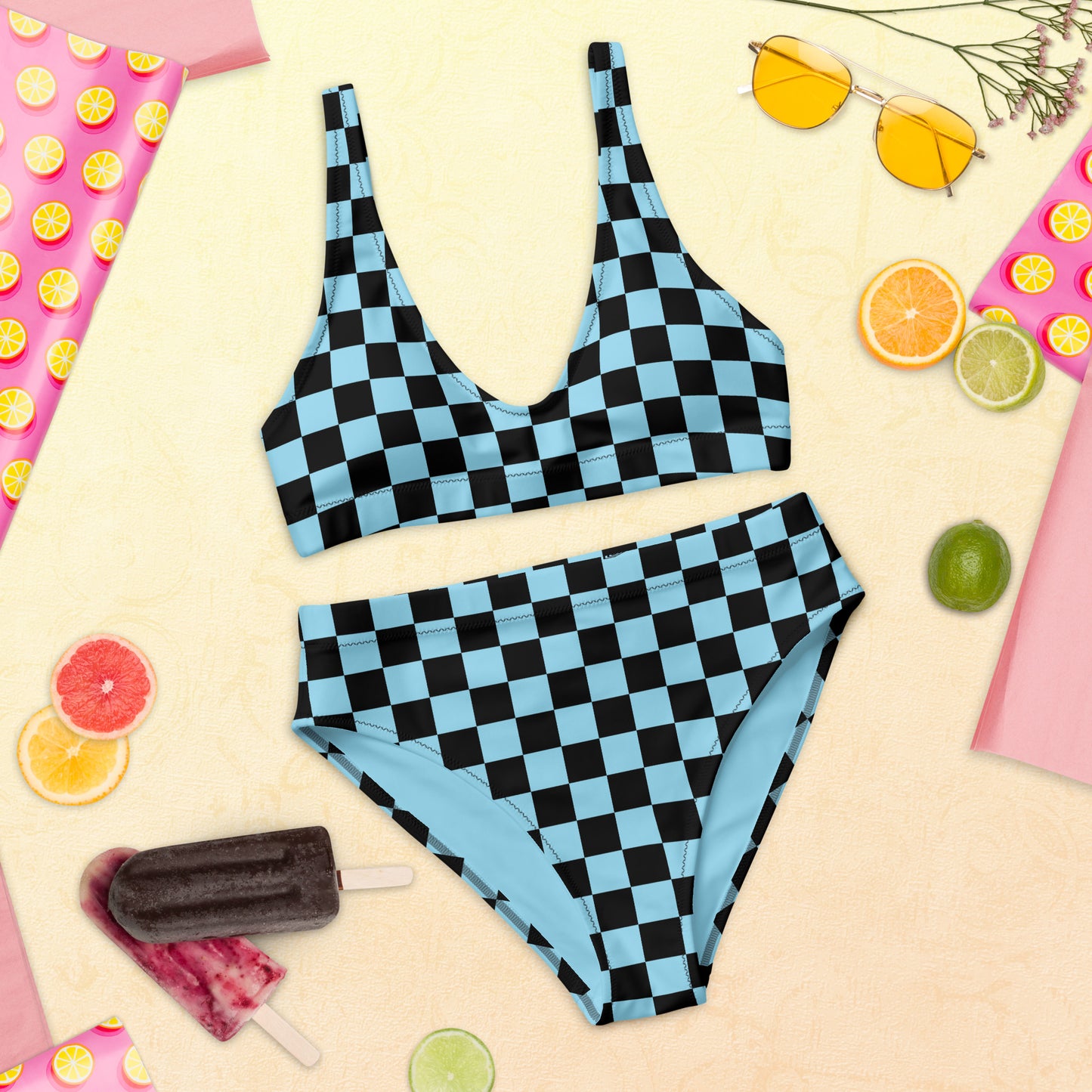 Blue and black checkered high-waisted bikini
