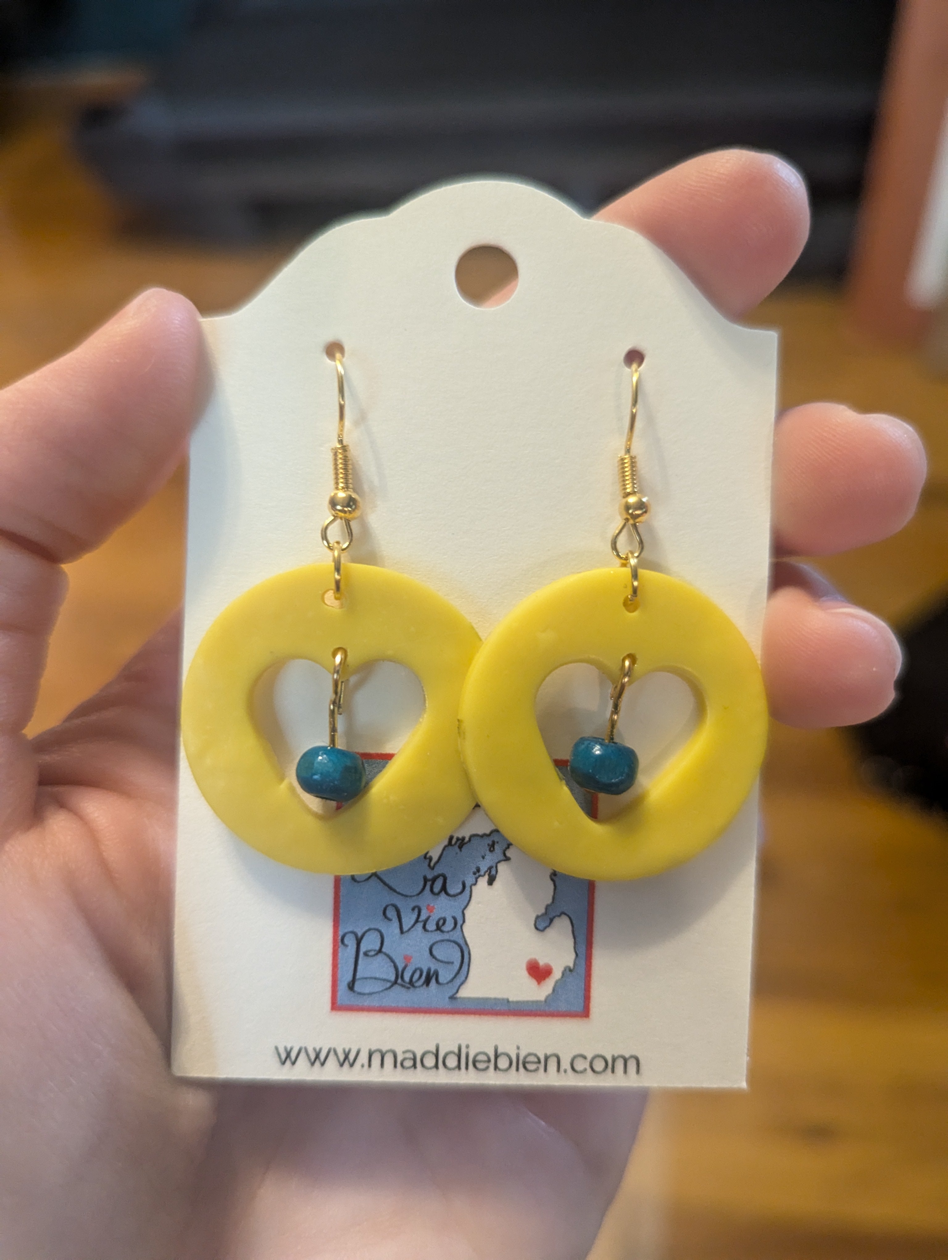 Yellow heart earrings, teal beads - nickel free