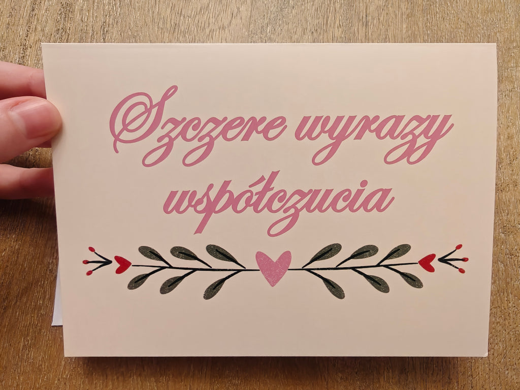 Szczere wyrazy współczucia Polish sympathy Greeting card, pink beige and green with heart design, envelope