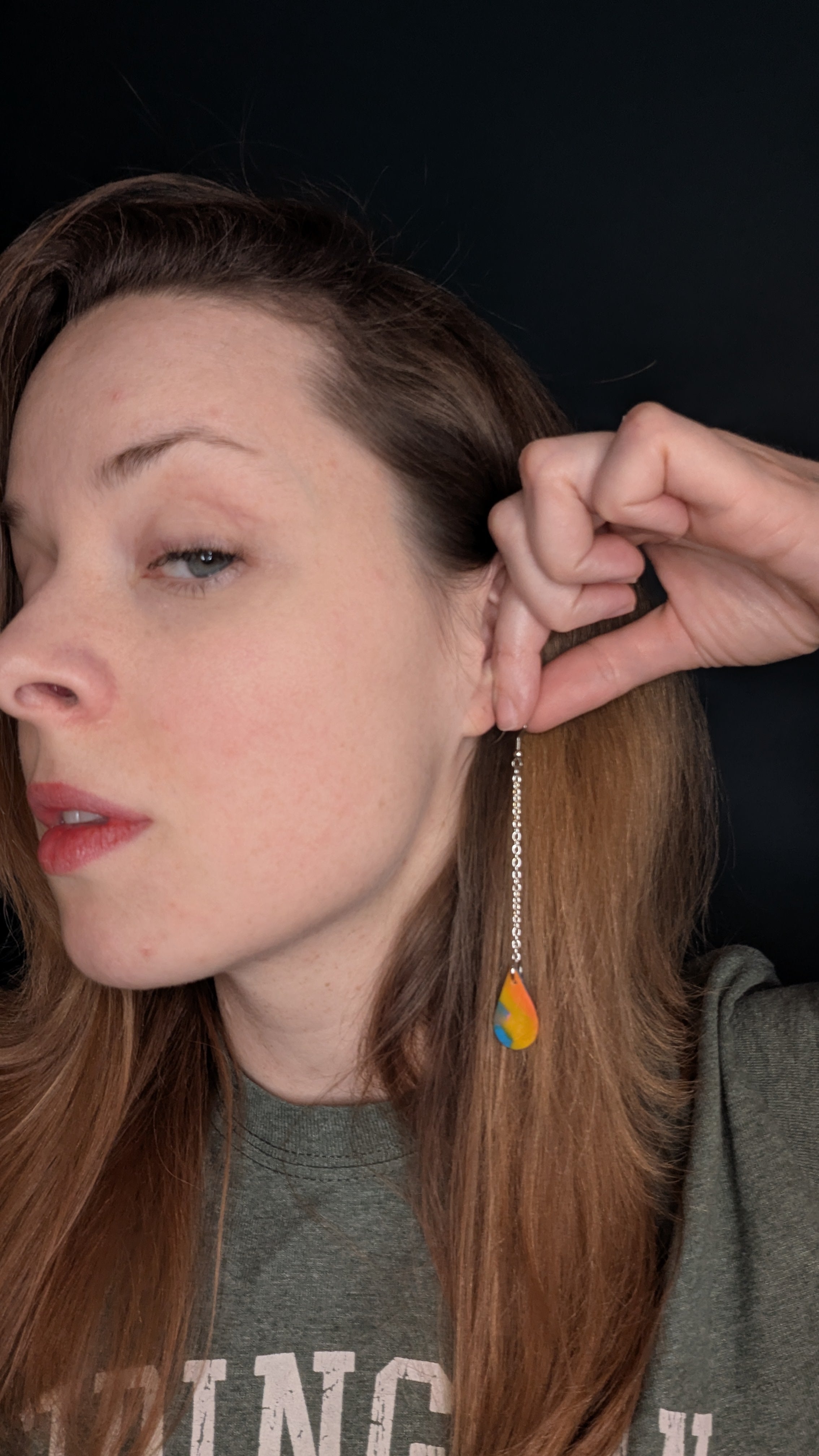 Neon vibes dangle earrings, for pierced ears, handmade jewelry perfect for gifting, made in Michigan USA. Yellow blue and pink colorful