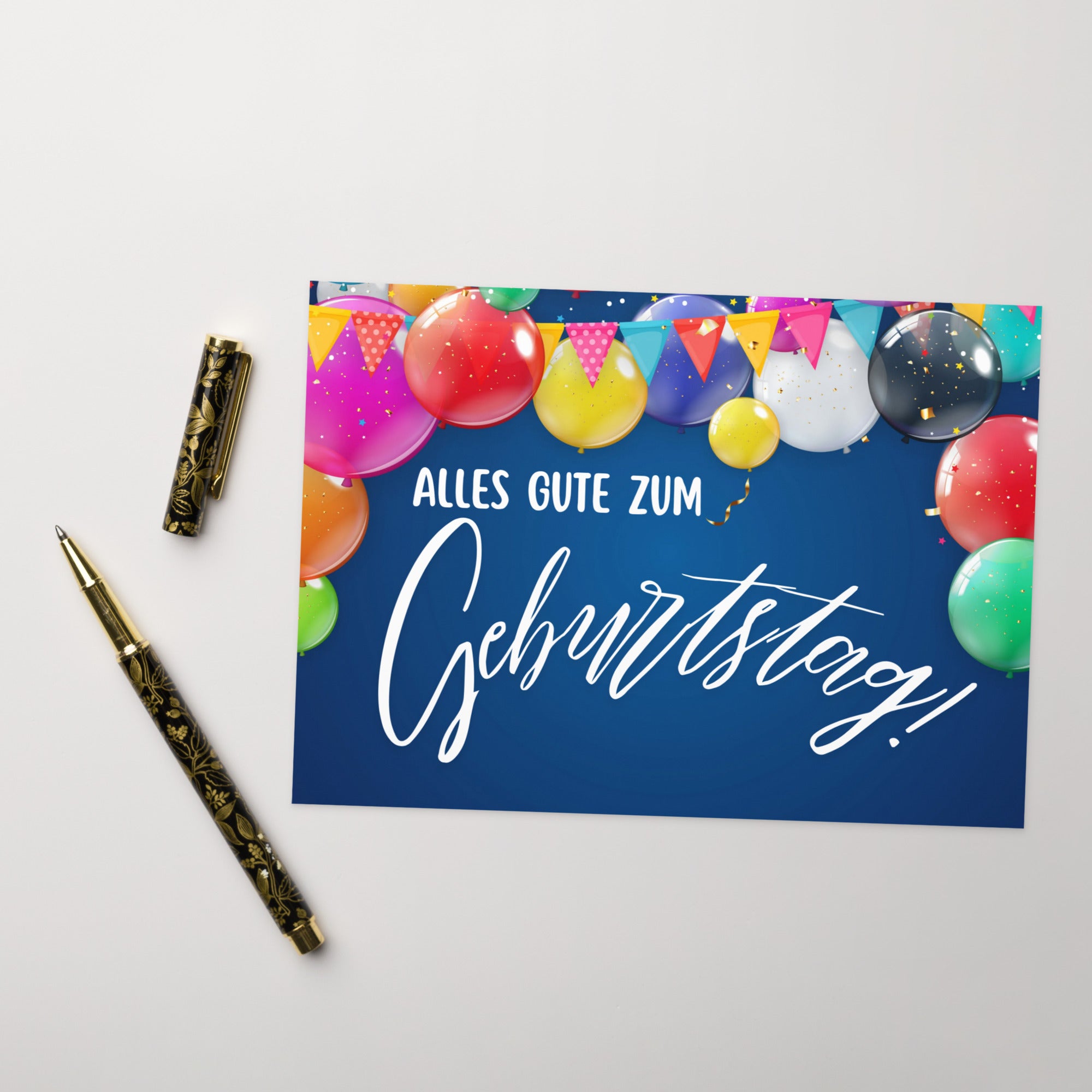 German birthday greeting card featuring "Alles Gute zum Geburtstag" text in white script on navy blue background, decorated with colorful balloons in pink, red, yellow, green, and blue, along with festive bunting banners and confetti