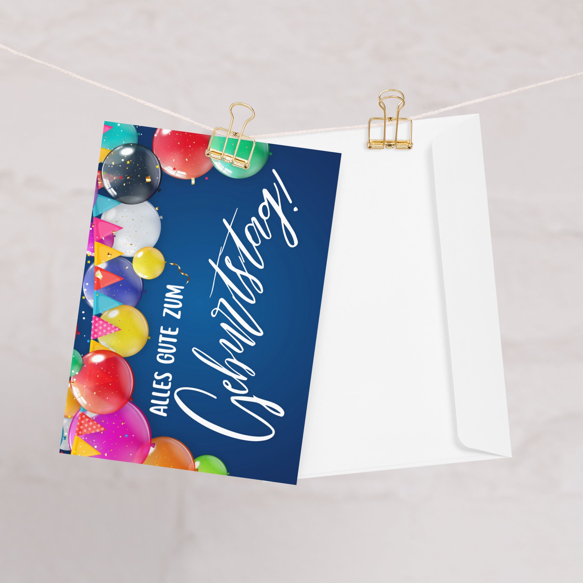 German birthday greeting card featuring "Alles Gute zum Geburtstag" text in white script on navy blue background, decorated with colorful balloons in pink, red, yellow, green, and blue, along with festive bunting banners and confetti