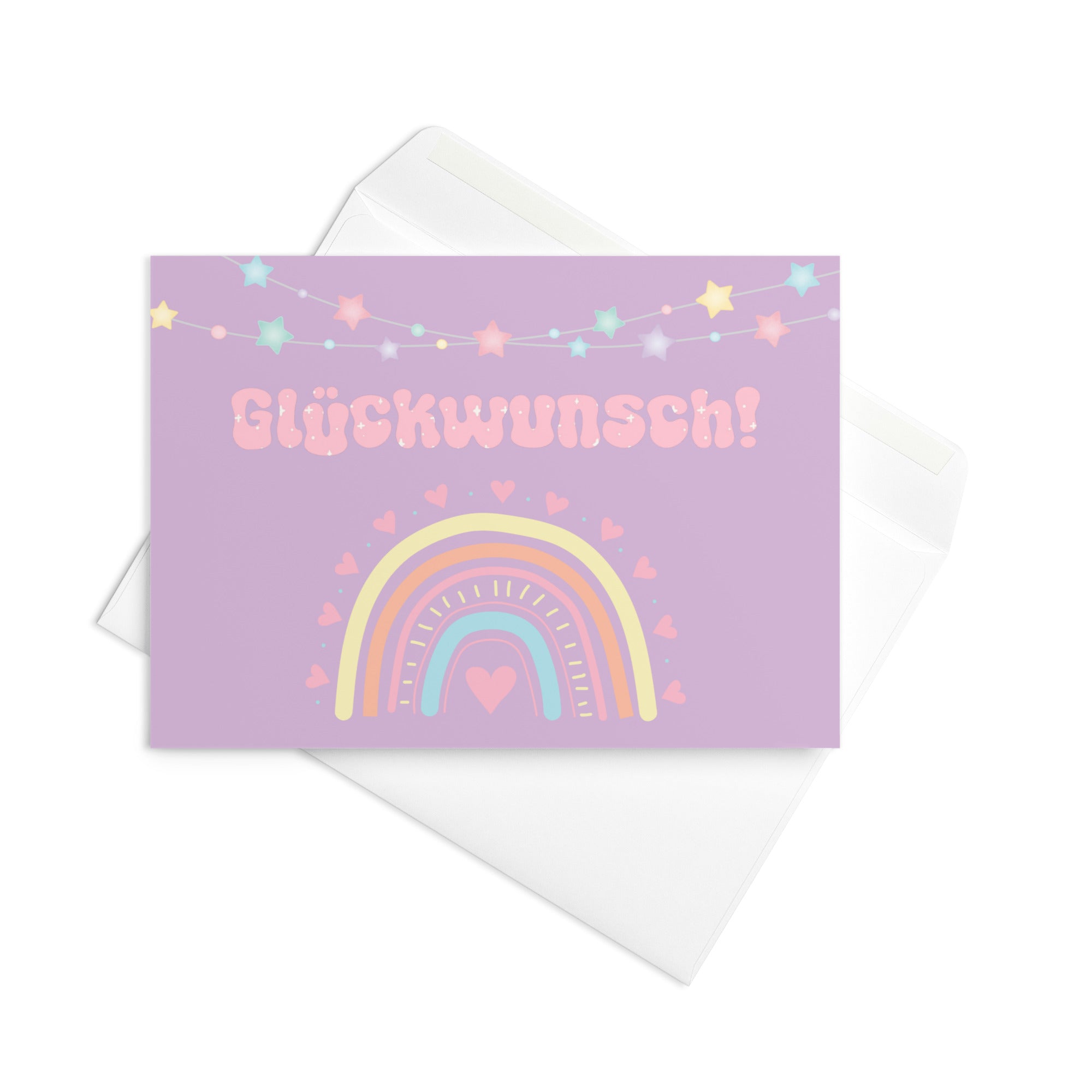 German greeting card with purple background featuring "Glückwunsch!" text in pink bubble letters, decorated with a pastel rainbow, colorful star garland, and small heart details