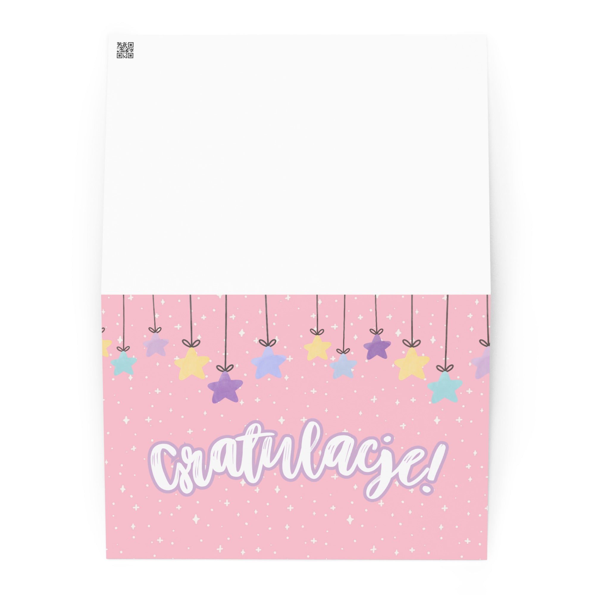 Polish greeting card with pink background featuring "Gratulacje!" text in white script lettering, decorated with hanging colorful stars and small sparkle details throughout
