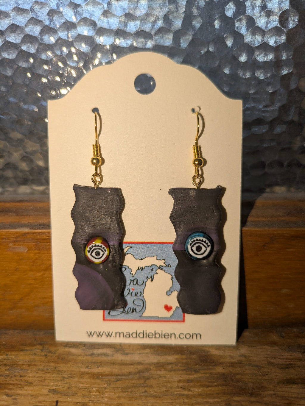 Handmade One-Eyed Dangle Earrings: Dark Purple & Black Jewelry