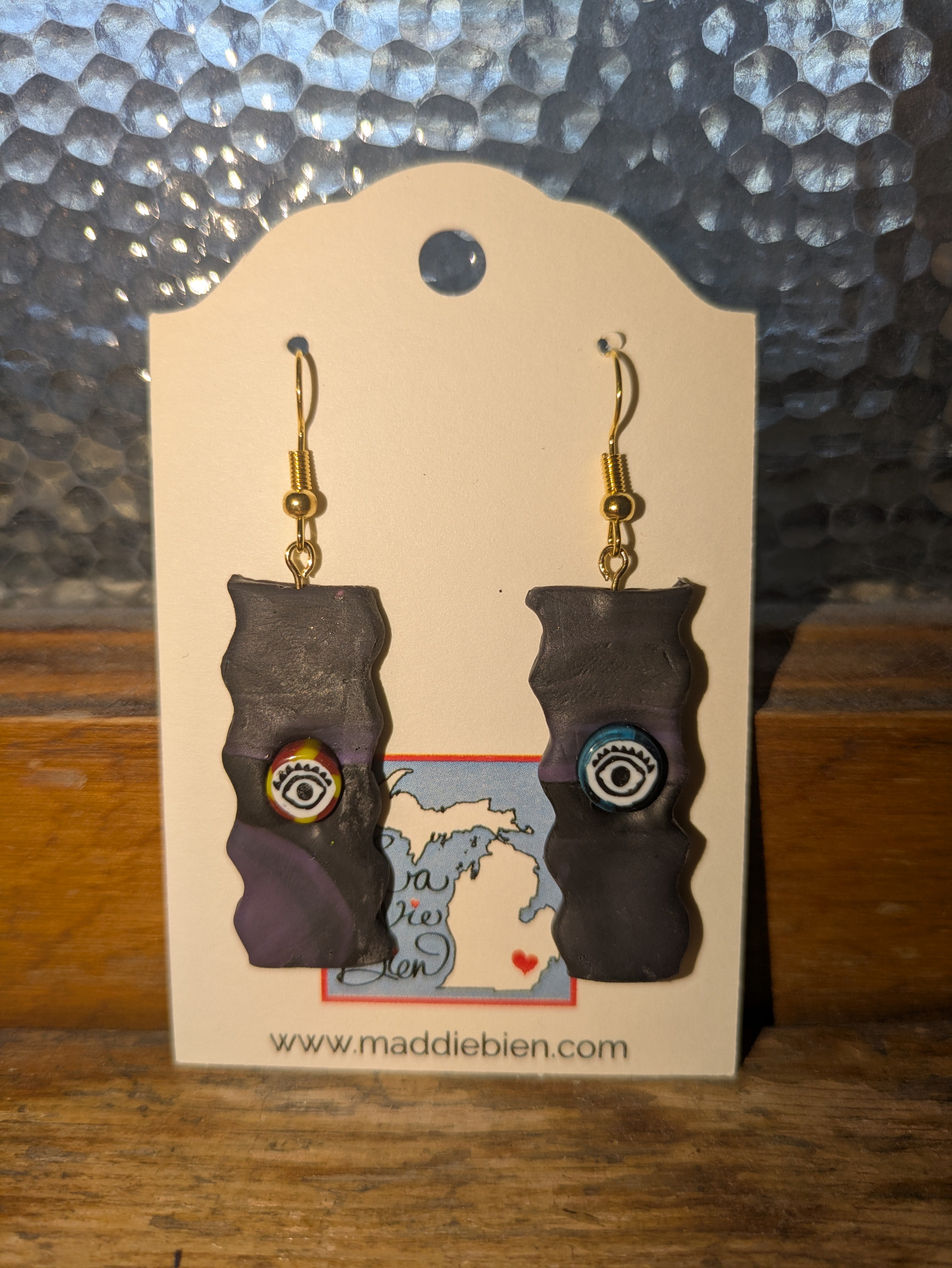 Handmade One-Eyed Dangle Earrings: Dark Purple & Black Jewelry