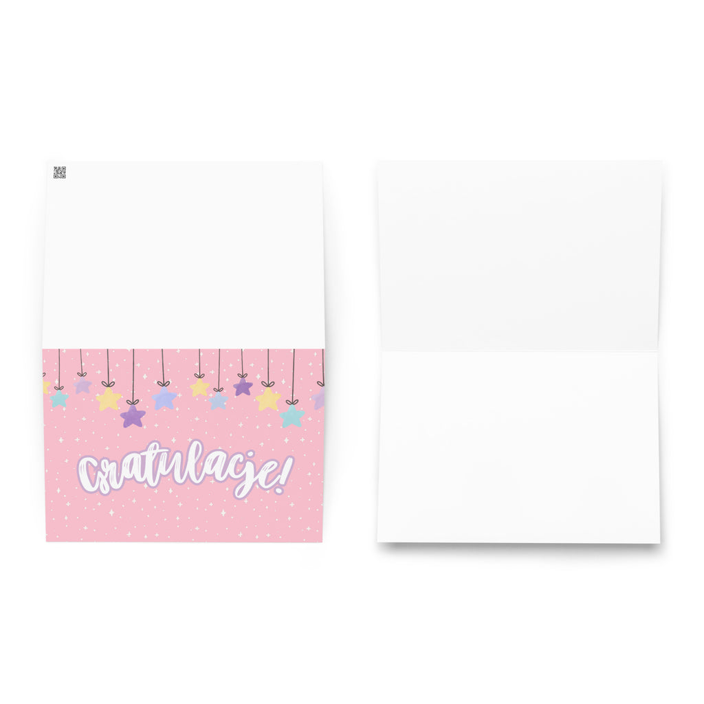 Polish greeting card with pink background featuring "Gratulacje!" text in white script lettering, decorated with hanging colorful stars and small sparkle details throughout