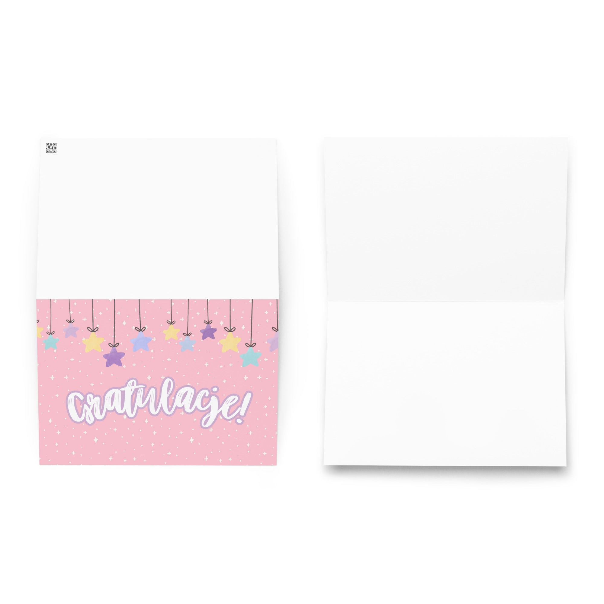 Polish greeting card with pink background featuring "Gratulacje!" text in white script lettering, decorated with hanging colorful stars and small sparkle details throughout