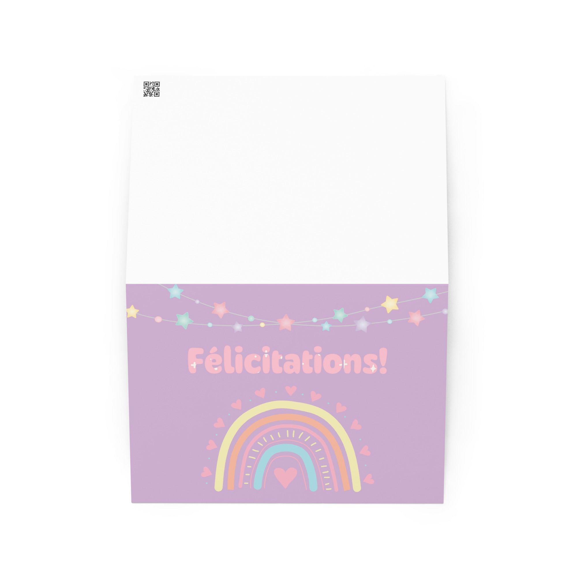 French greeting card with purple background featuring "Félicitations!" text in pink letters, decorated with a pastel rainbow, colorful star garland, and small heart details