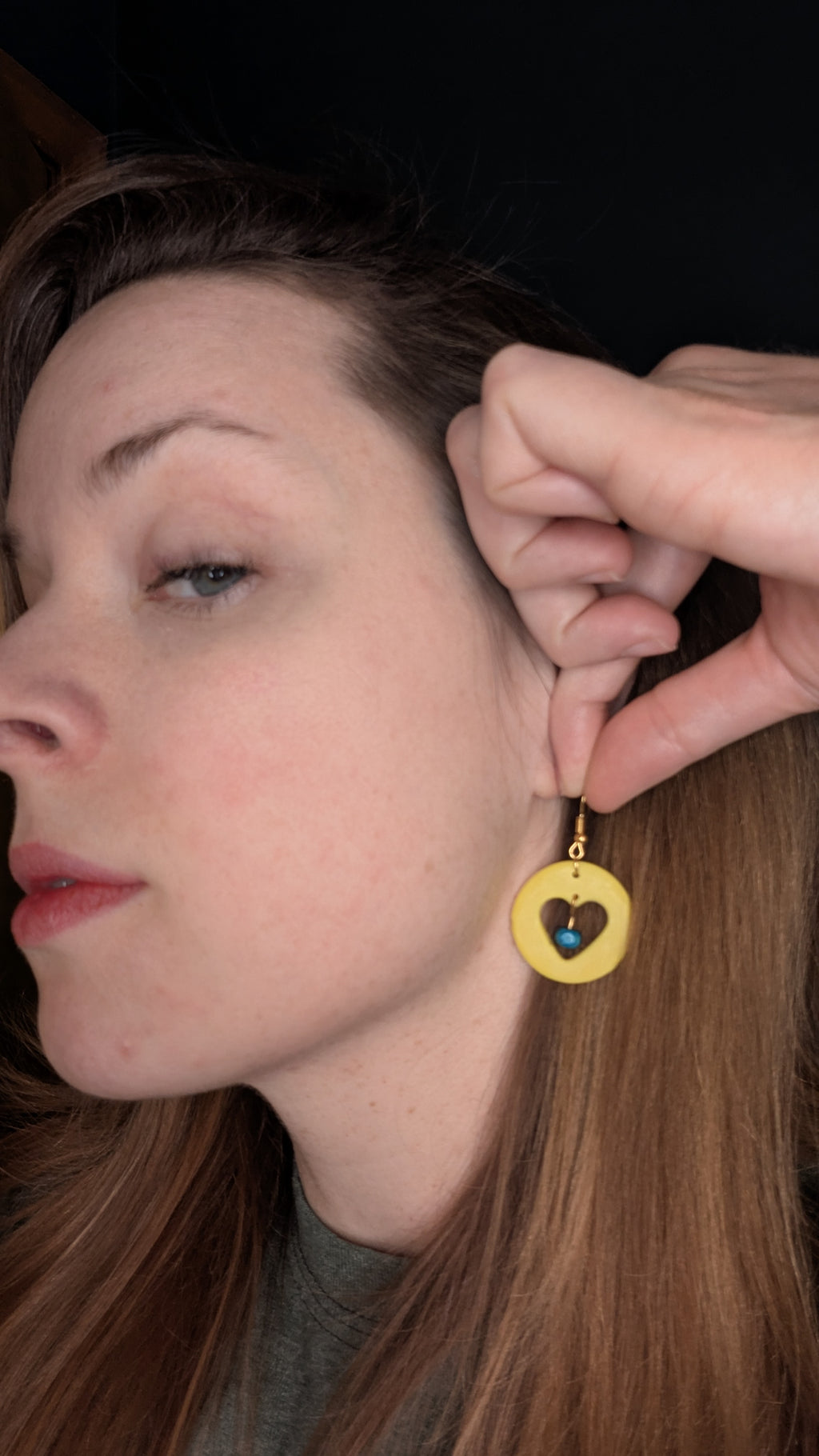 Yellow heart earrings, teal beads - nickel free