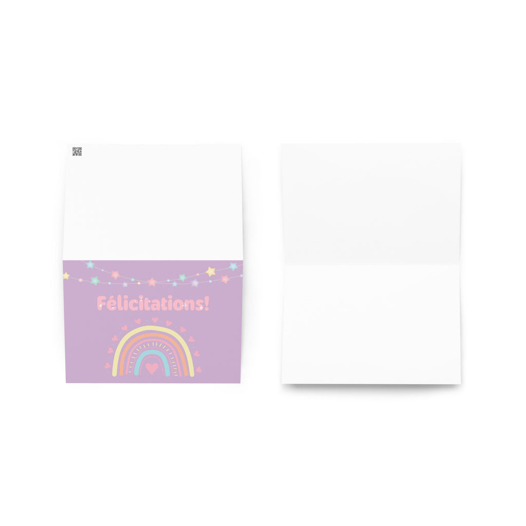 French greeting card with purple background featuring "Félicitations!" text in pink letters, decorated with a pastel rainbow, colorful star garland, and small heart details