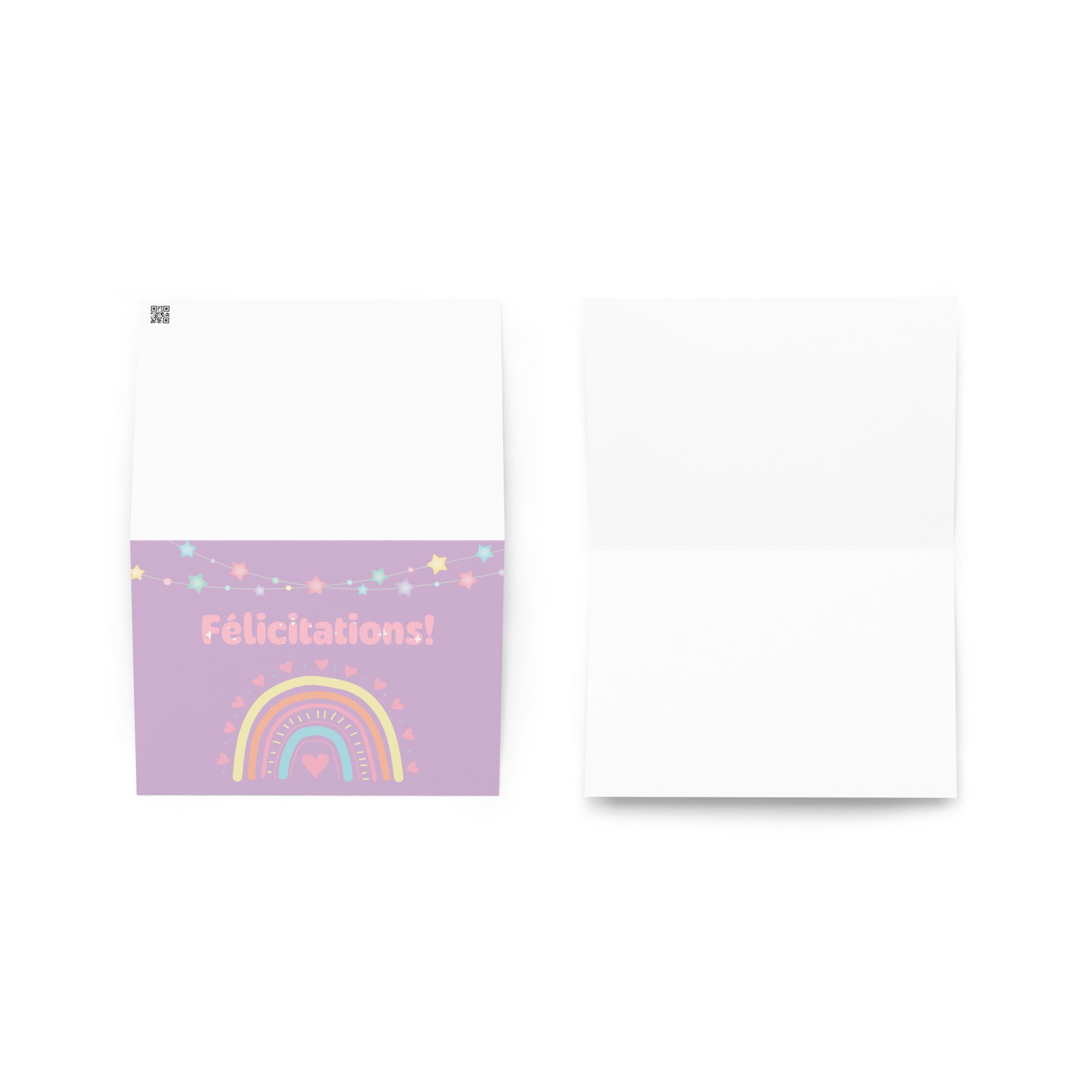French greeting card with purple background featuring "Félicitations!" text in pink letters, decorated with a pastel rainbow, colorful star garland, and small heart details