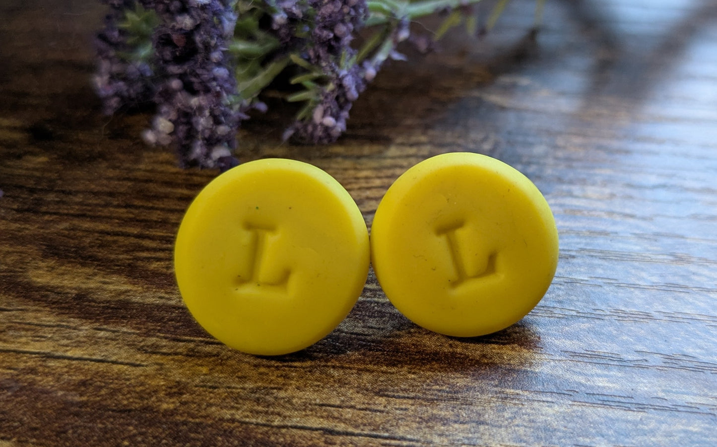 Dainty yellow letter L clay initial letter earrings