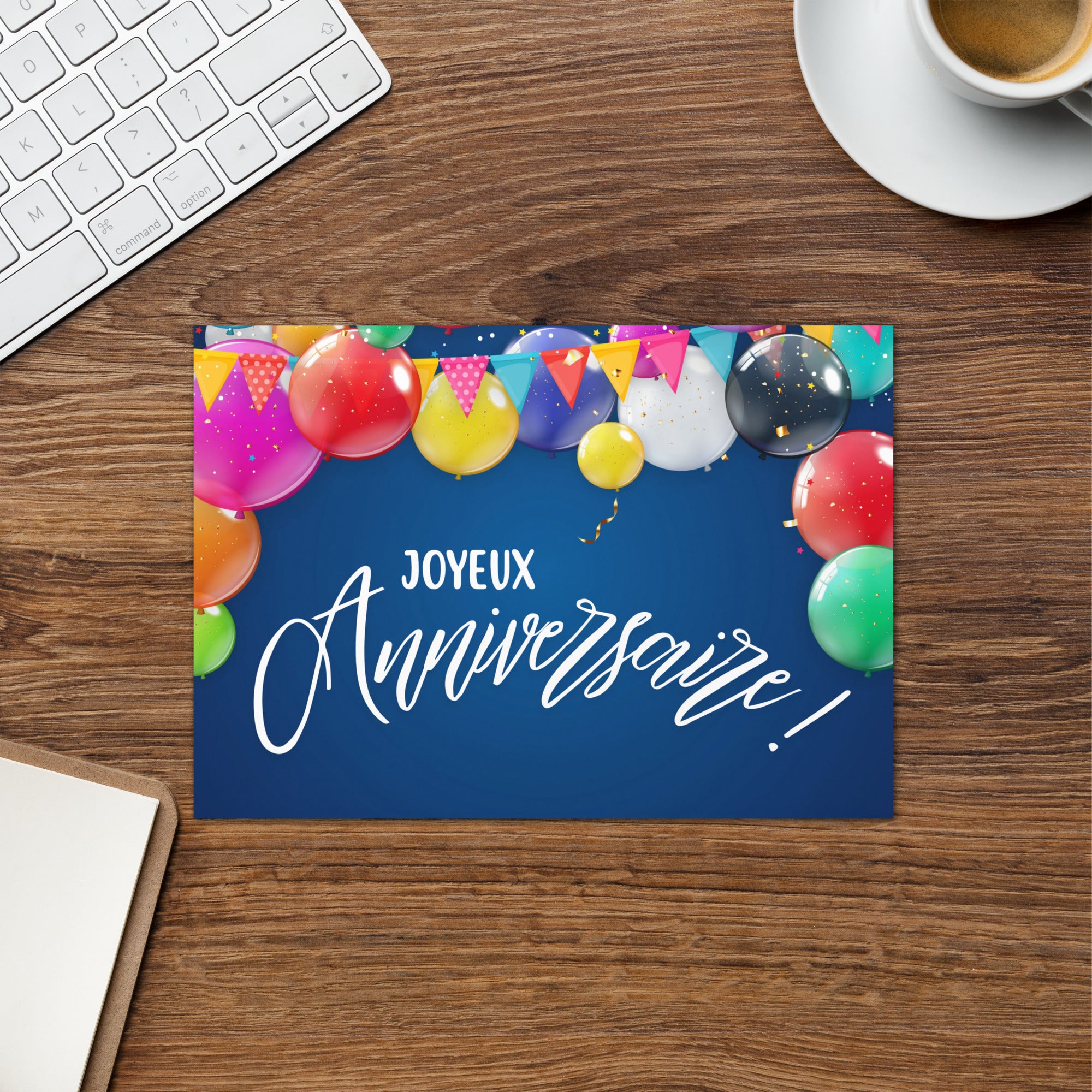 French birthday greeting card featuring "Joyeux Anniversaire" text in white script on navy blue background, decorated with colorful balloons in pink, red, yellow, green, purple, and blue, along with festive bunting banners and confetti