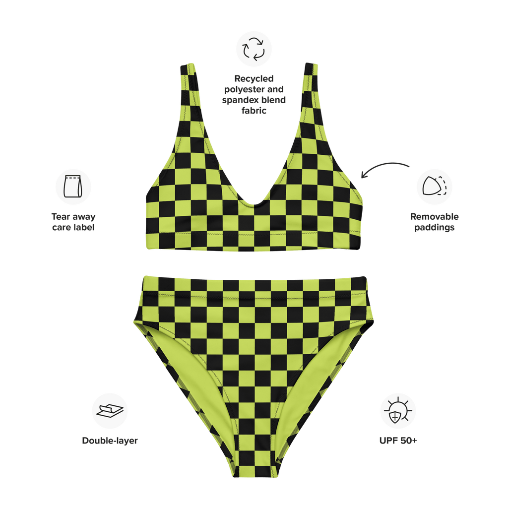 Lime green and black checkered high-waisted bikini