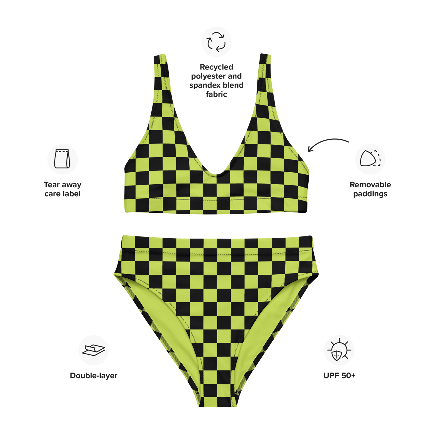 Lime green and black checkered high-waisted bikini