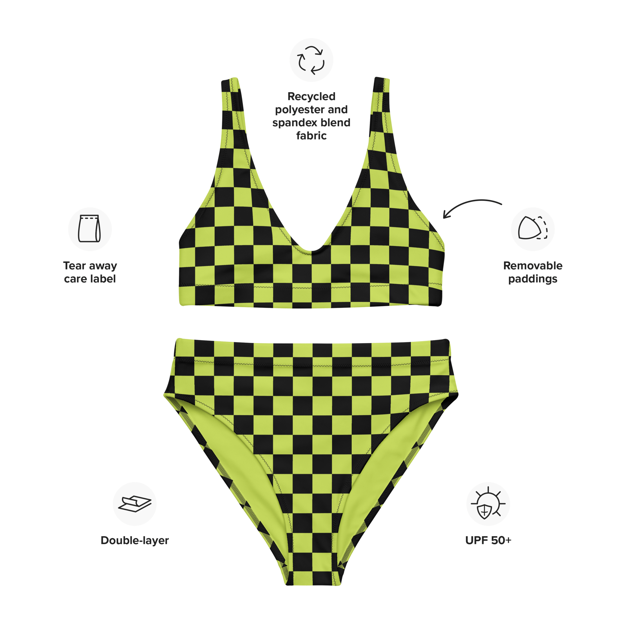 Lime green and black checkered high-waisted bikini