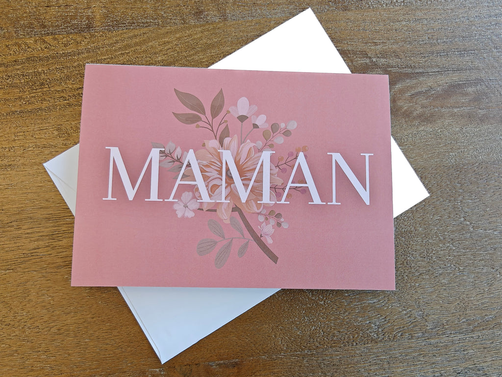 Maman pink French floral mother's day or birthday Greeting card, blank inside with envelope
