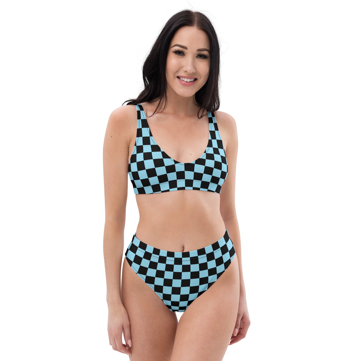 Blue and black checkered high-waisted bikini