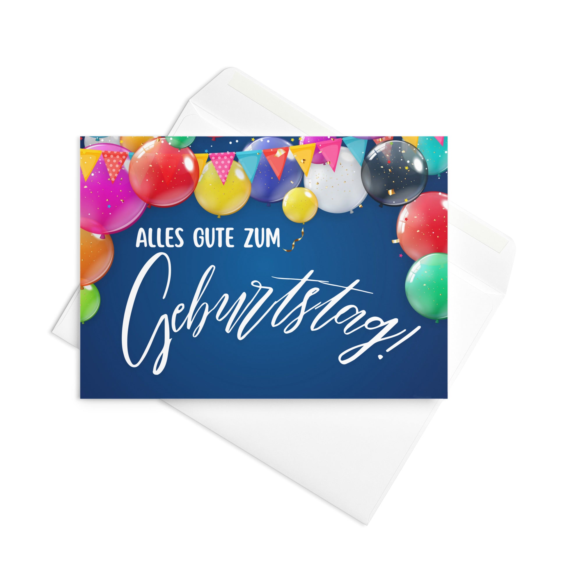 German birthday greeting card featuring "Alles Gute zum Geburtstag" text in white script on navy blue background, decorated with colorful balloons in pink, red, yellow, green, and blue, along with festive bunting banners and confetti
