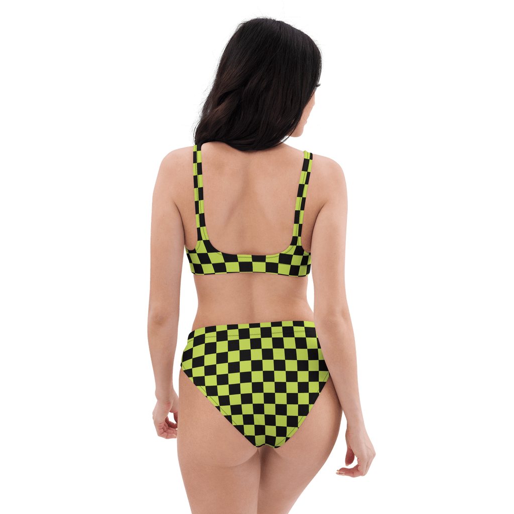 Lime green and black checkered high-waisted bikini