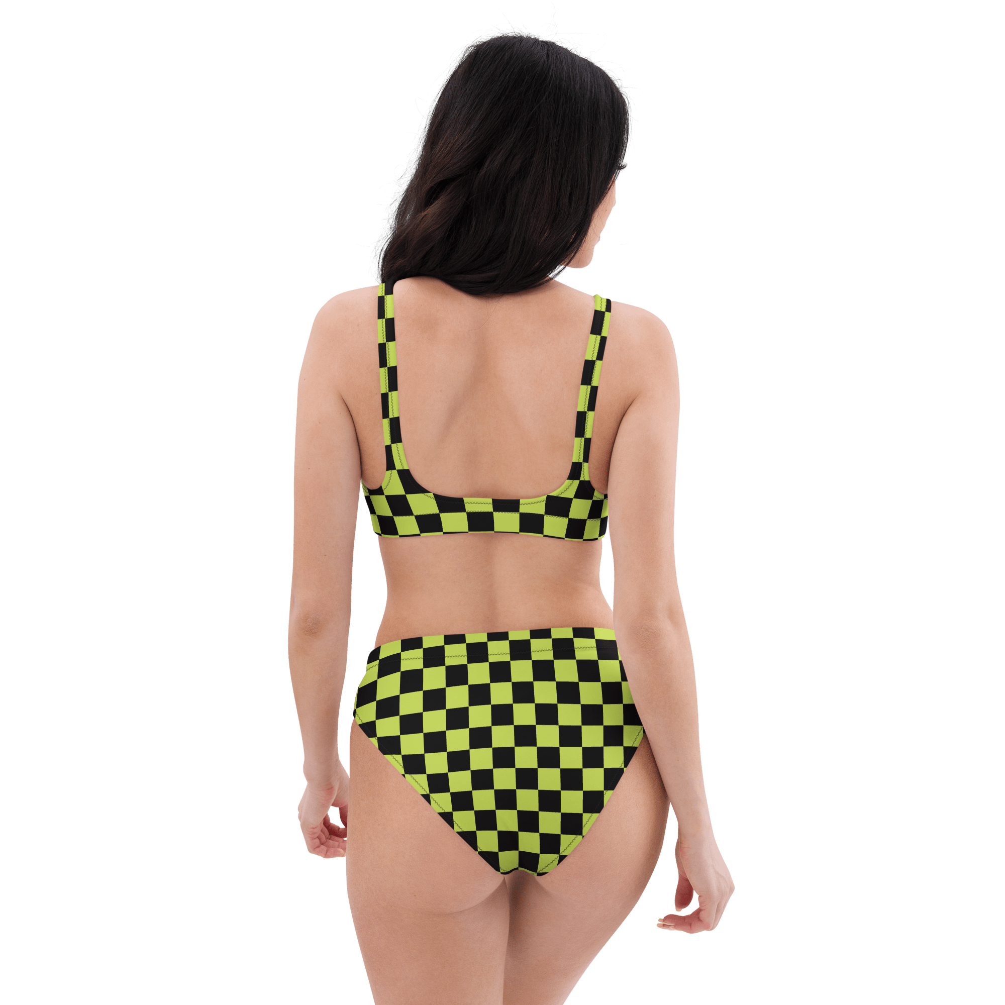 Lime green and black checkered high-waisted bikini