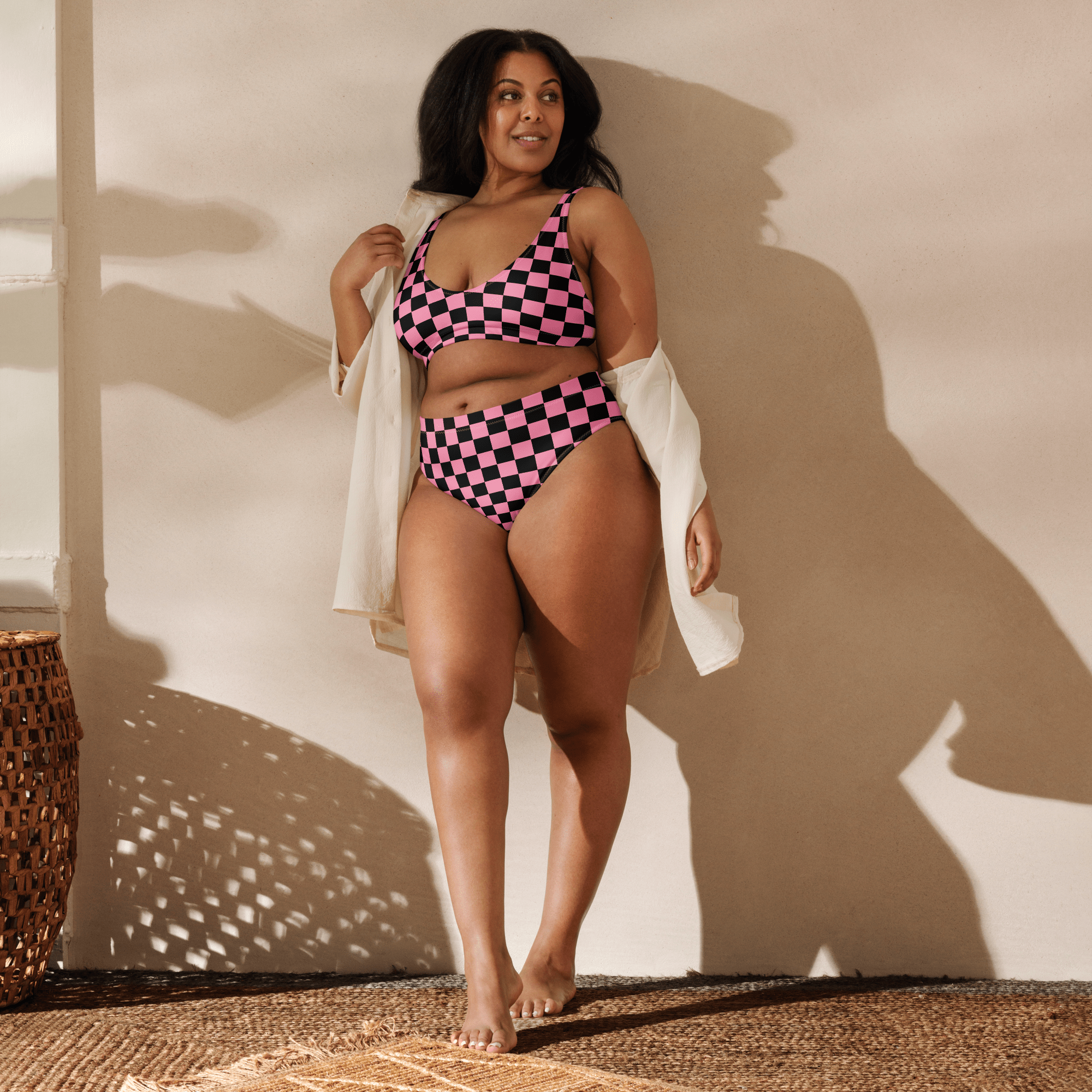 Pink and black checkered high - waisted bikini