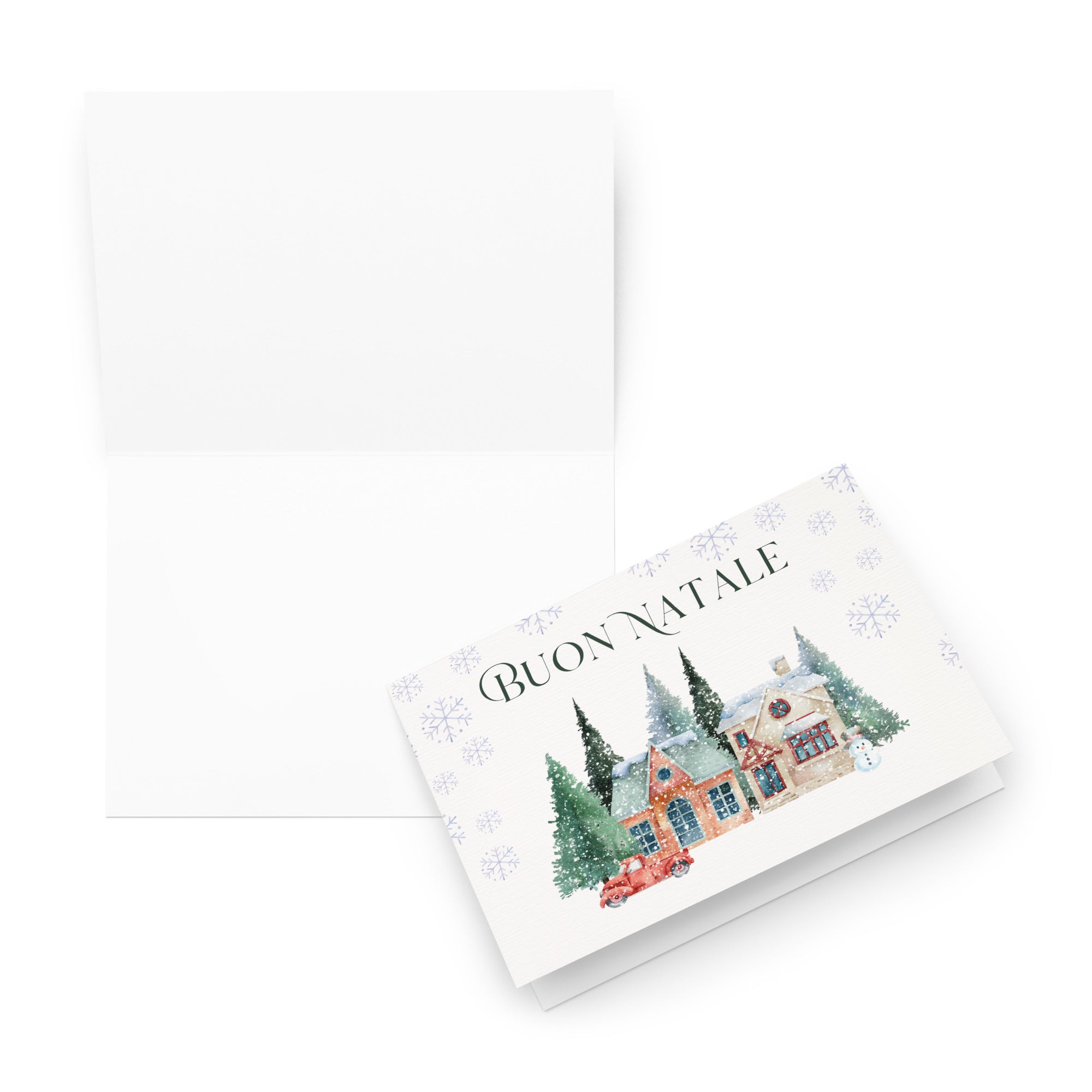 Italian Christmas greeting card featuring "Buon Natale" text with watercolor illustration of snowy village scene with cottages, pine trees, snowman, and vintage truck surrounded by delicate snowflake pattern