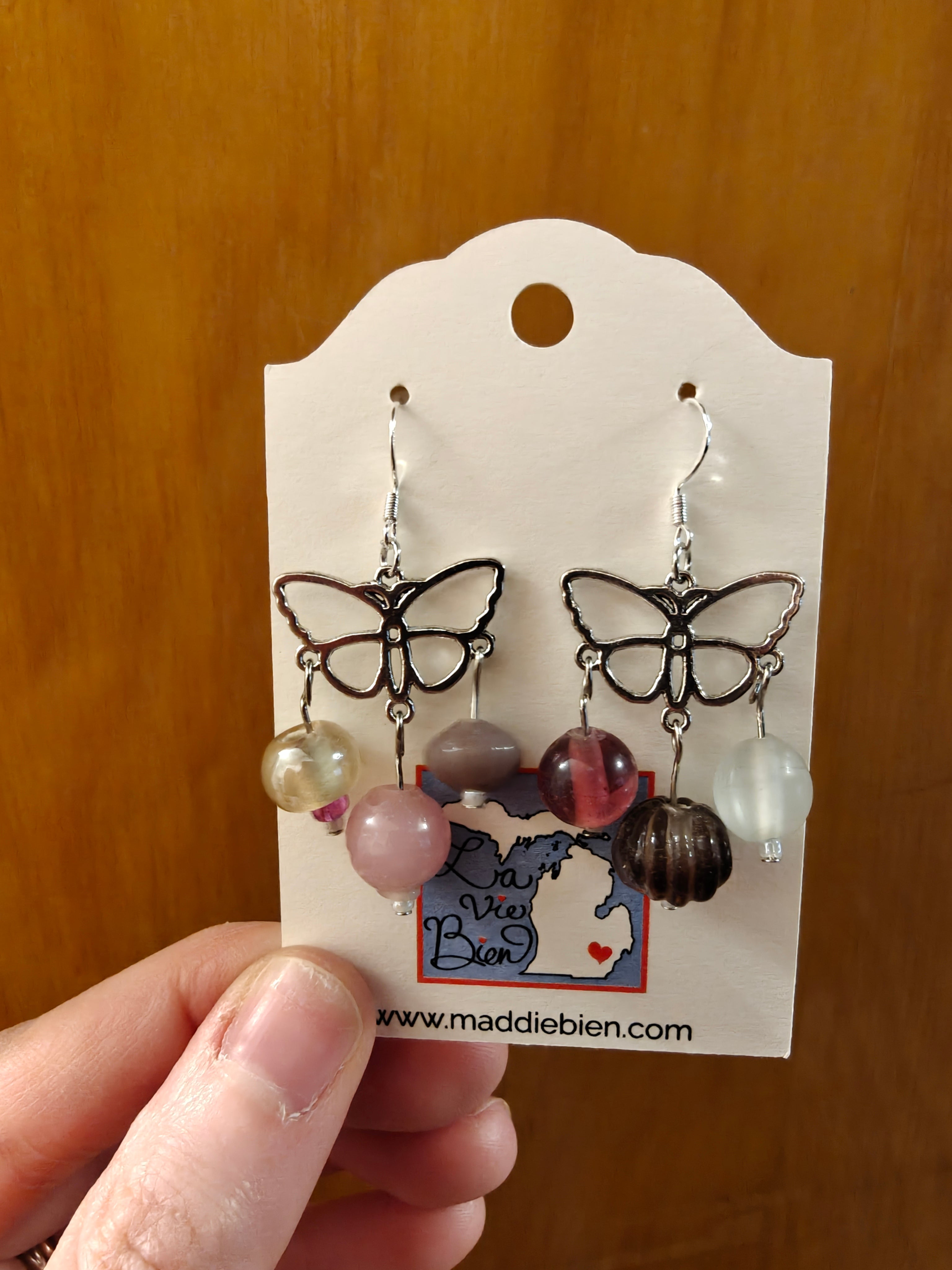 Pastel dreams beaded butterfly earrings, pink purple and white, silver hardware