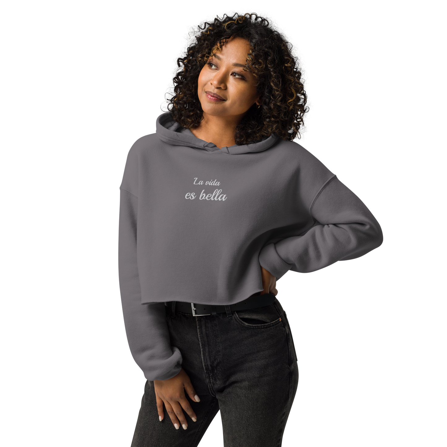 La vida es bella embroidered Crop Hoodie