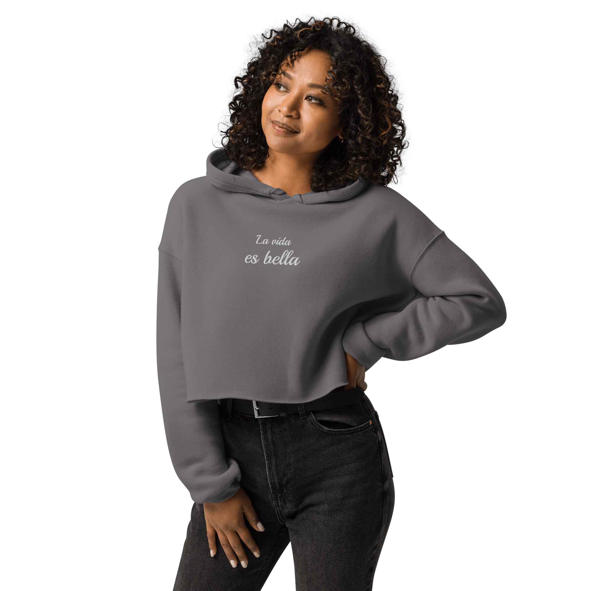 La vida es bella embroidered Crop Hoodie