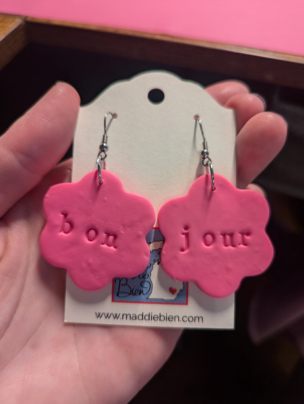 Bonjour polymer clay earrings, French language gift