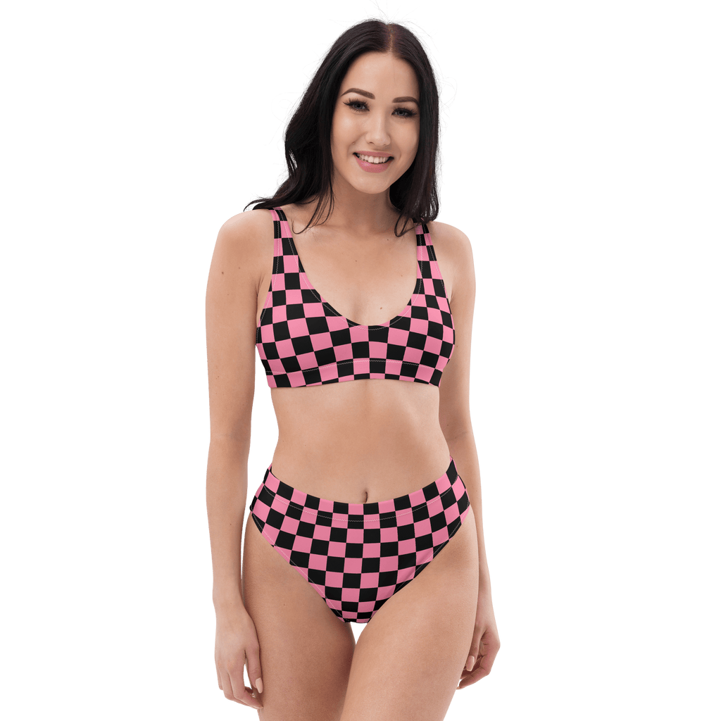 Pink and black checkered high - waisted bikini