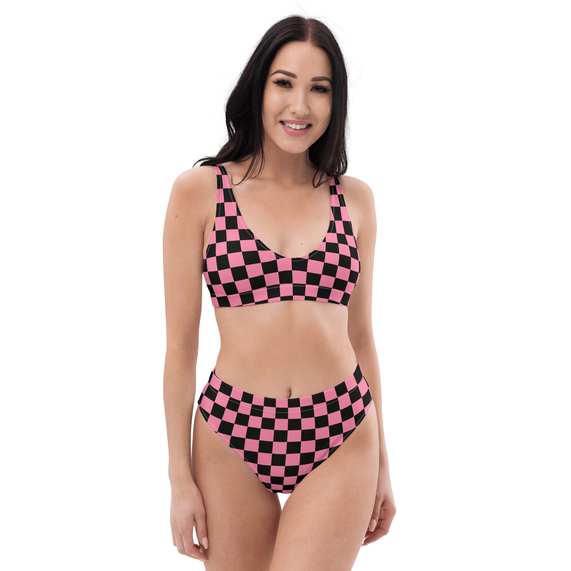 Pink and black checkered high - waisted bikini