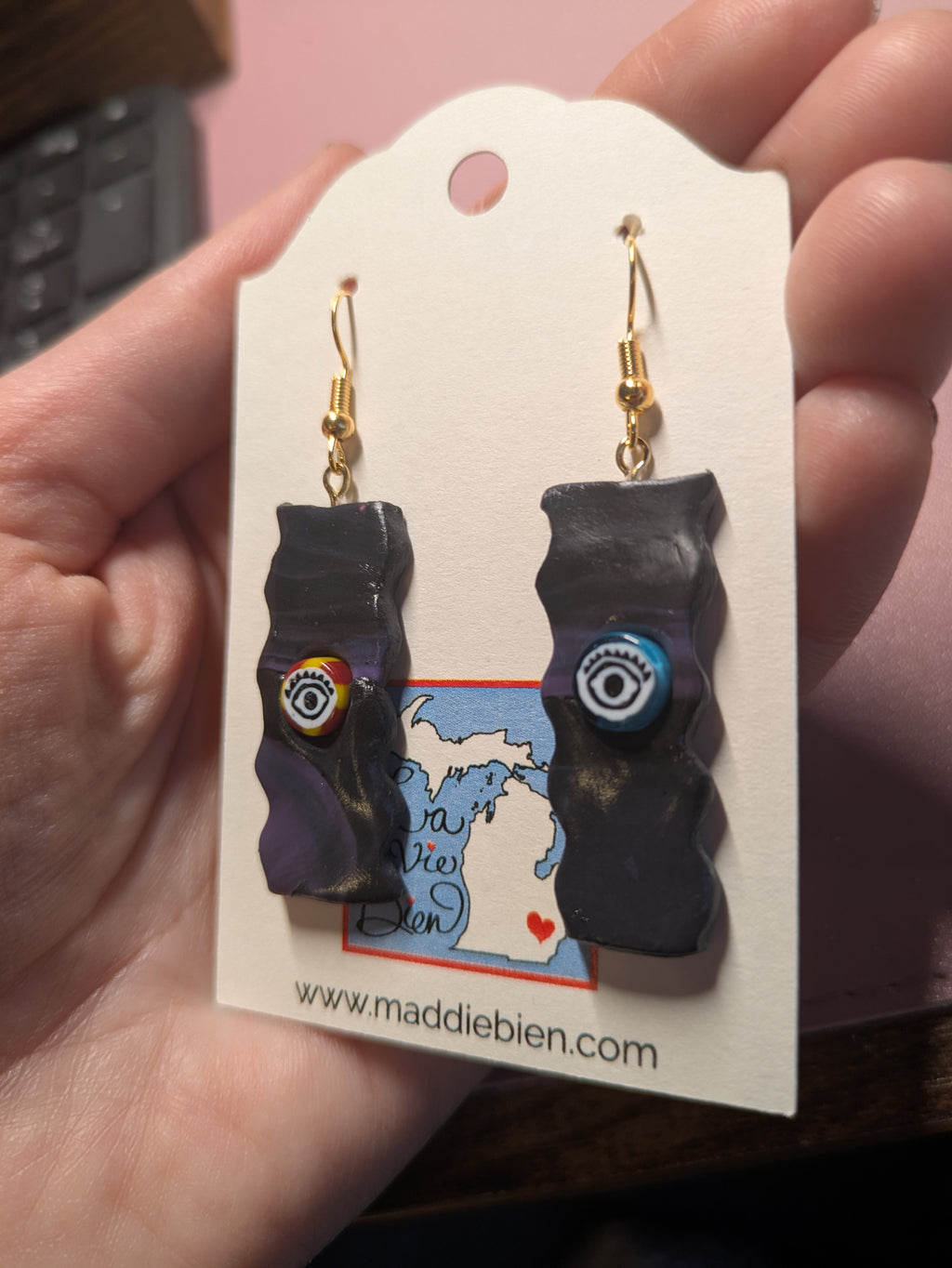 Handmade One-Eyed Dangle Earrings: Dark Purple & Black Jewelry