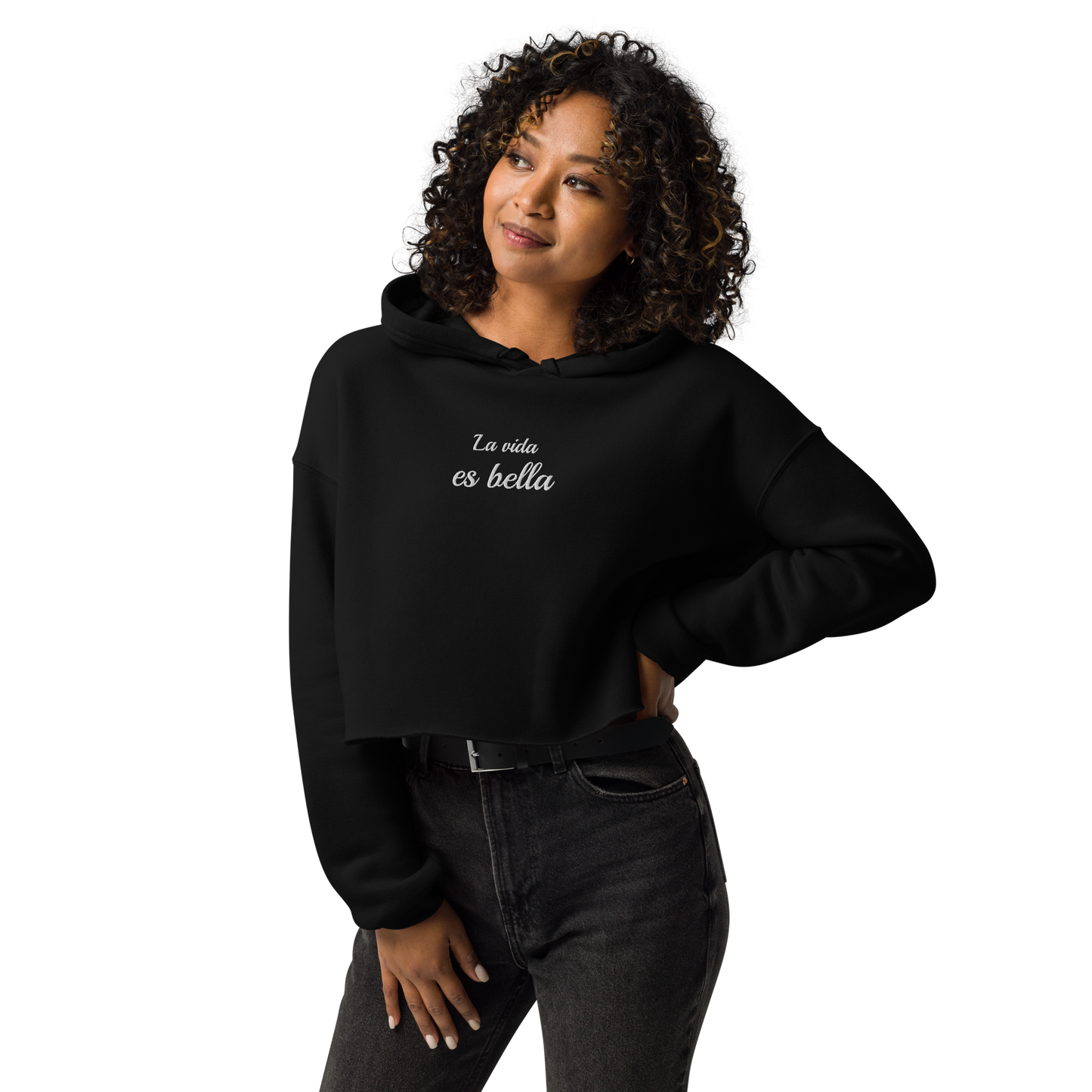 La vida es bella embroidered Crop Hoodie