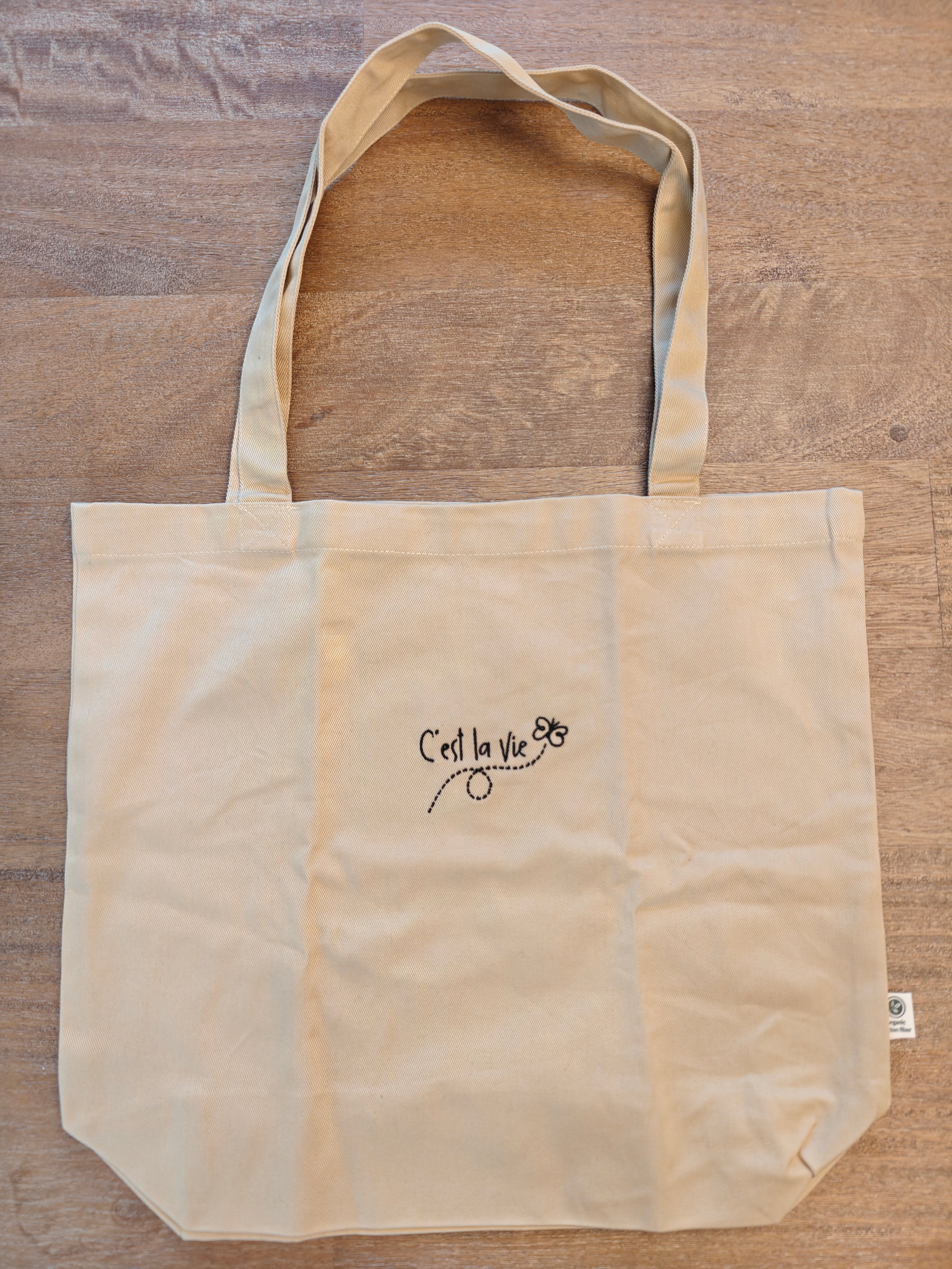 Beige C'est La Vie embroidered butterfly Eco Tote Bag, shopping or everyday tote for French lovers