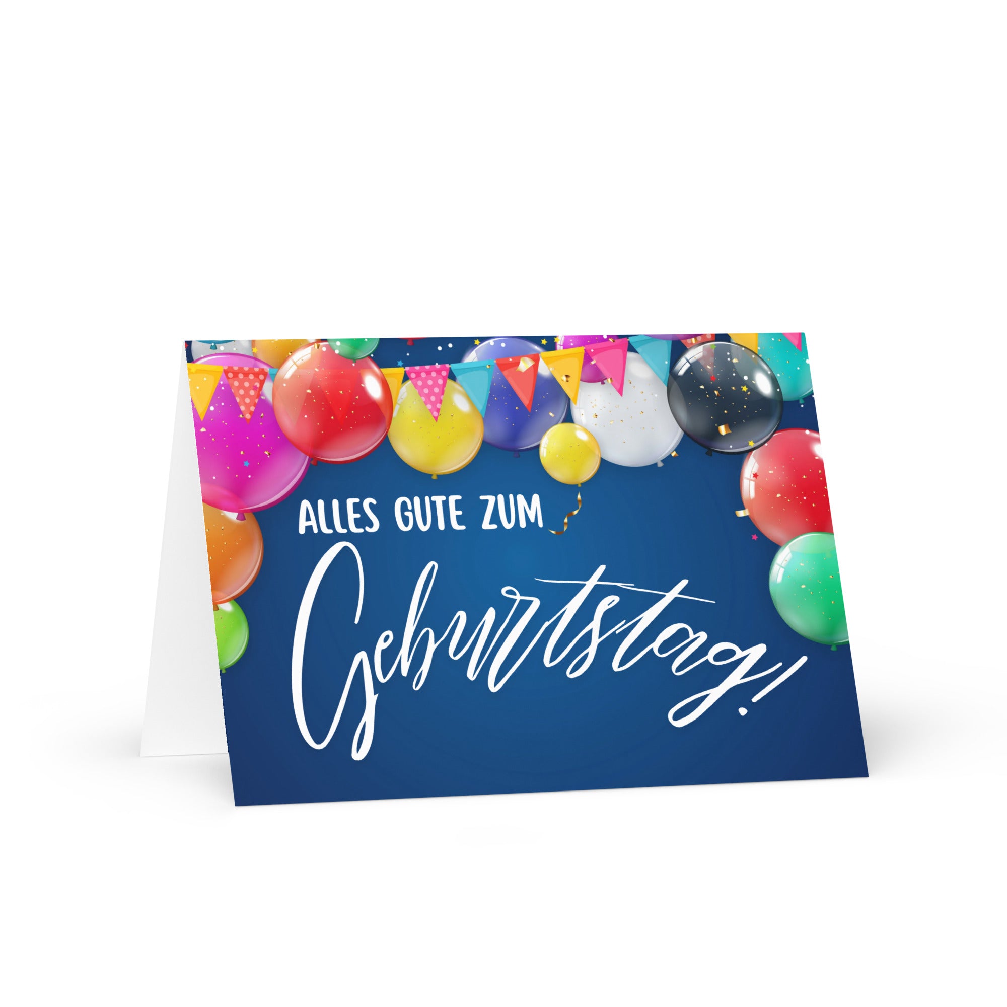 German birthday greeting card featuring "Alles Gute zum Geburtstag" text in white script on navy blue background, decorated with colorful balloons in pink, red, yellow, green, and blue, along with festive bunting banners and confetti
