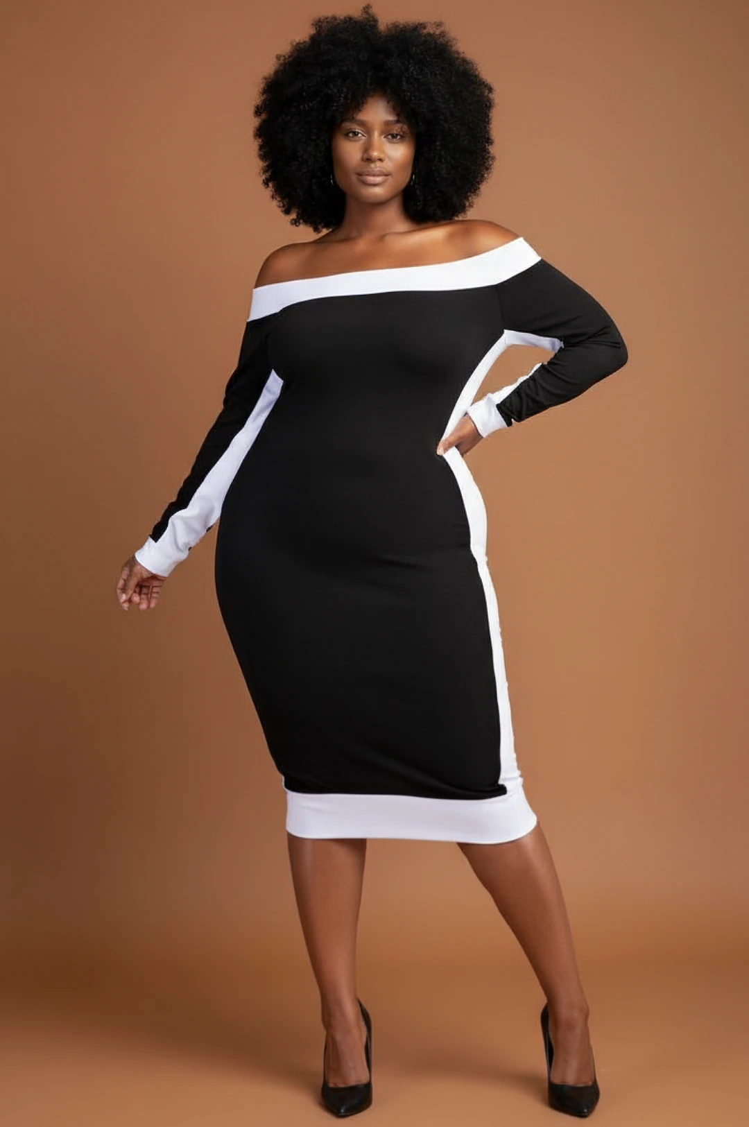 Black White Off Shoulder Mid Length Dress by Social Butterfly Collection