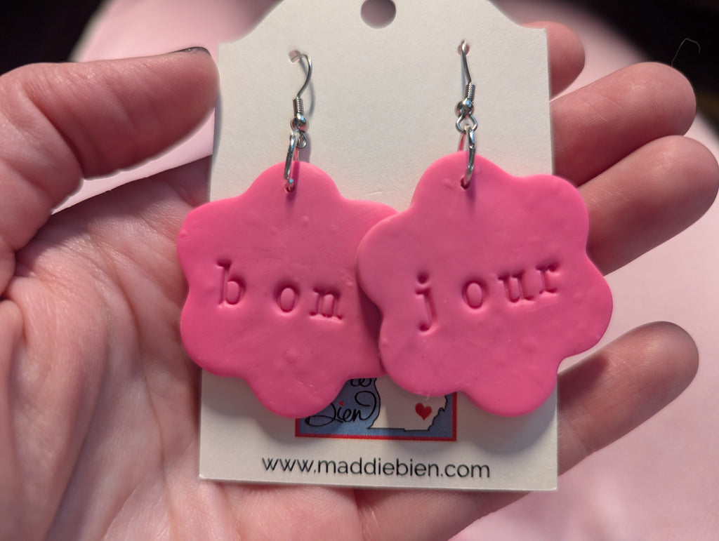 Bonjour polymer clay earrings, French language gift