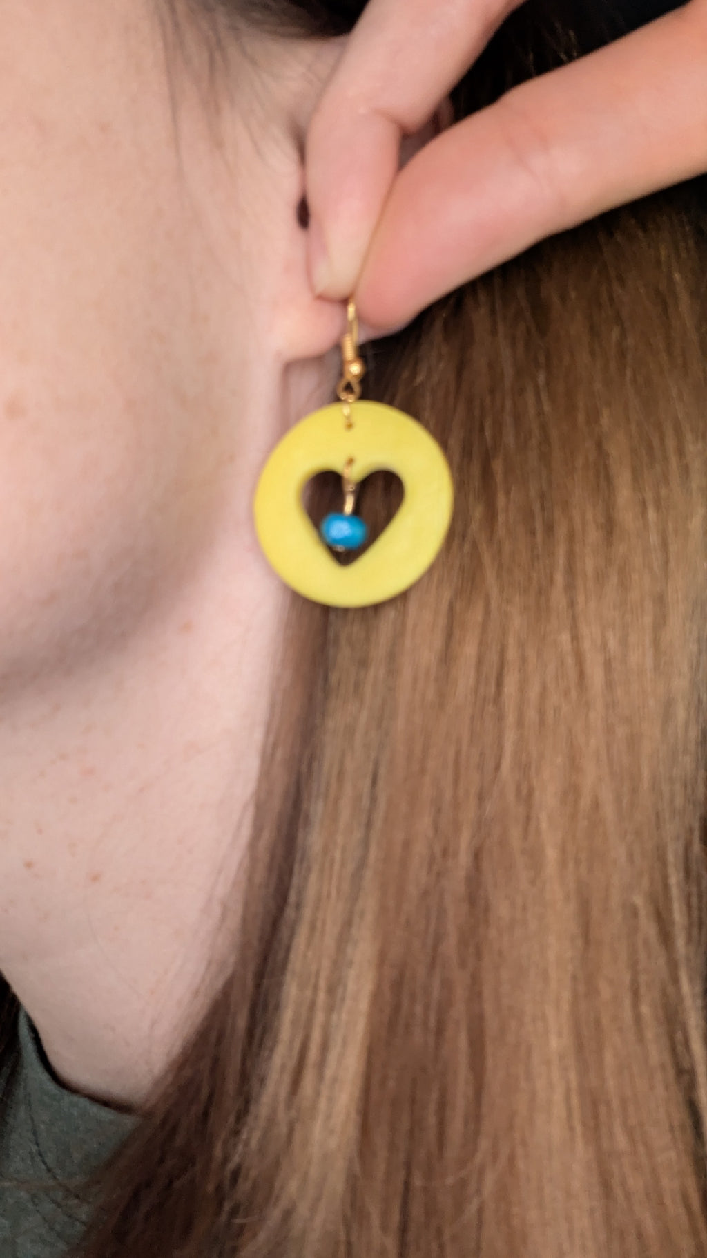 Yellow heart earrings, teal beads - nickel free