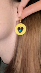 Yellow heart earrings, teal beads - nickel free by My Store