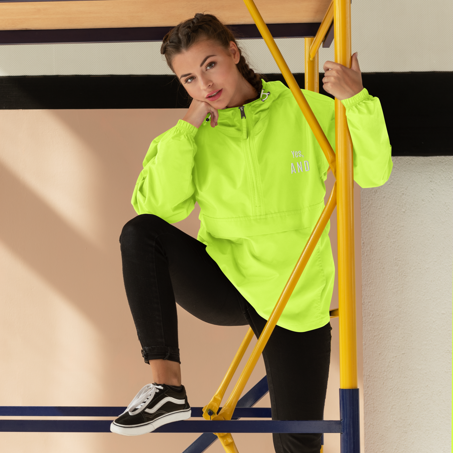 Yes, AND Embroidered Champion Packable Jacket, for improv lovers