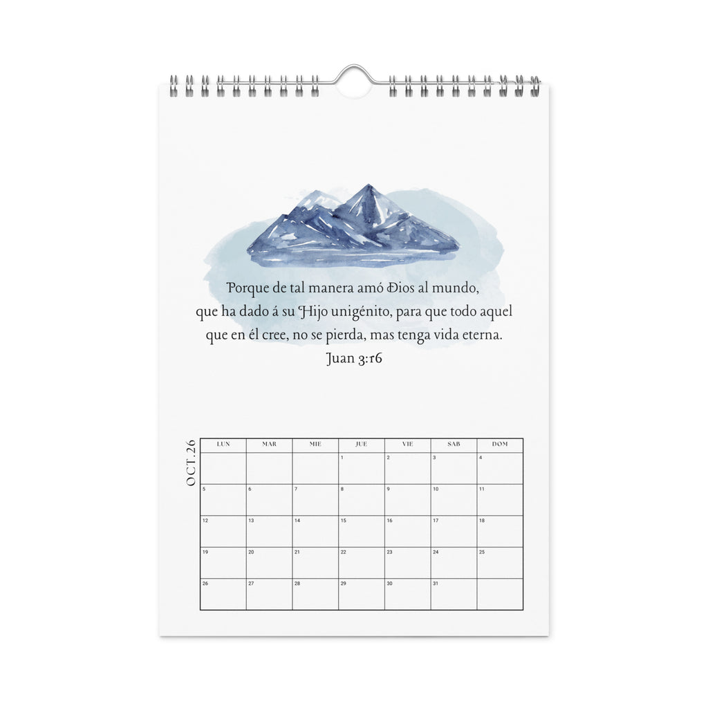 Interior page of Spanish calendar showing February 2026 monthly grid with watercolor flower illustration and Spanish Bible verse from Isaiah 60:20 about eternal light